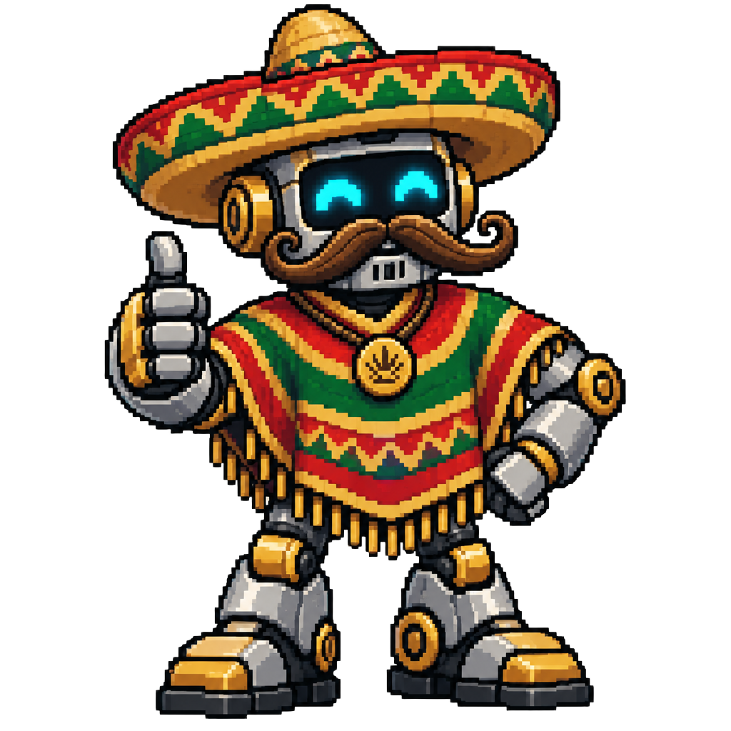 Don Grindino, a pixel-art robot wearing a sombrero and striped poncho